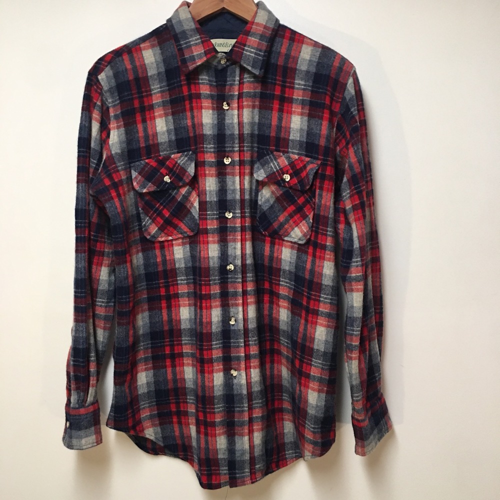 St John's Bay 100% Wool Shirt Mens Large Tall Red Blue Plaid Vintage Long Sleeve - Picture 1 of 12